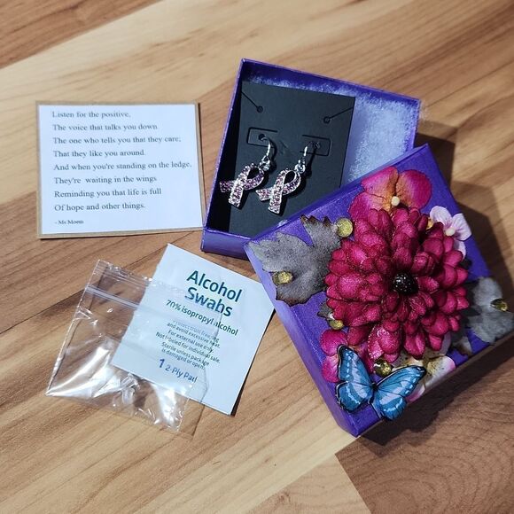 ✍️Handmade✍️ Breast Cancer Supporter Earrings, Poem & Gift Box Set - Picture 1 of 12